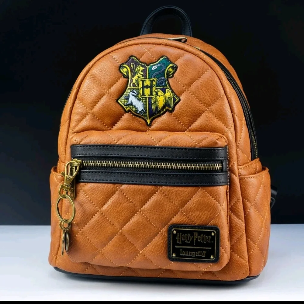 Loungefly Quilted Brown Backpack with Hogwarts Crest